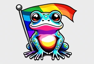 Cute small frog holding rainbow flag tattoo idea