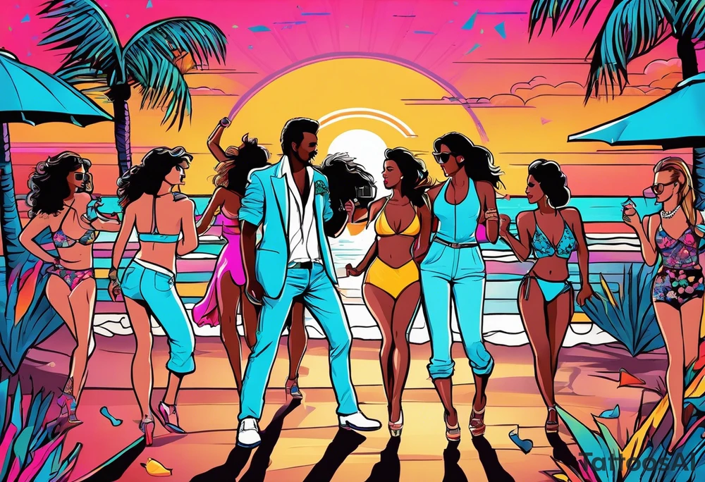 1980's miami vice style beach dance 
party, include confetti, music notes, boom box, bikinis sunset in the center tattoo idea