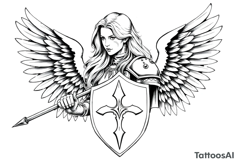 femme blonde cheveux long ondulé, en armure de chevalier tenant épée à la mais et de grandes ailes d'anges déployées tattoo idea