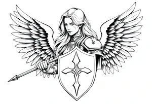 femme blonde cheveux long ondulé, en armure de chevalier tenant épée à la mais et de grandes ailes d'anges déployées tattoo idea