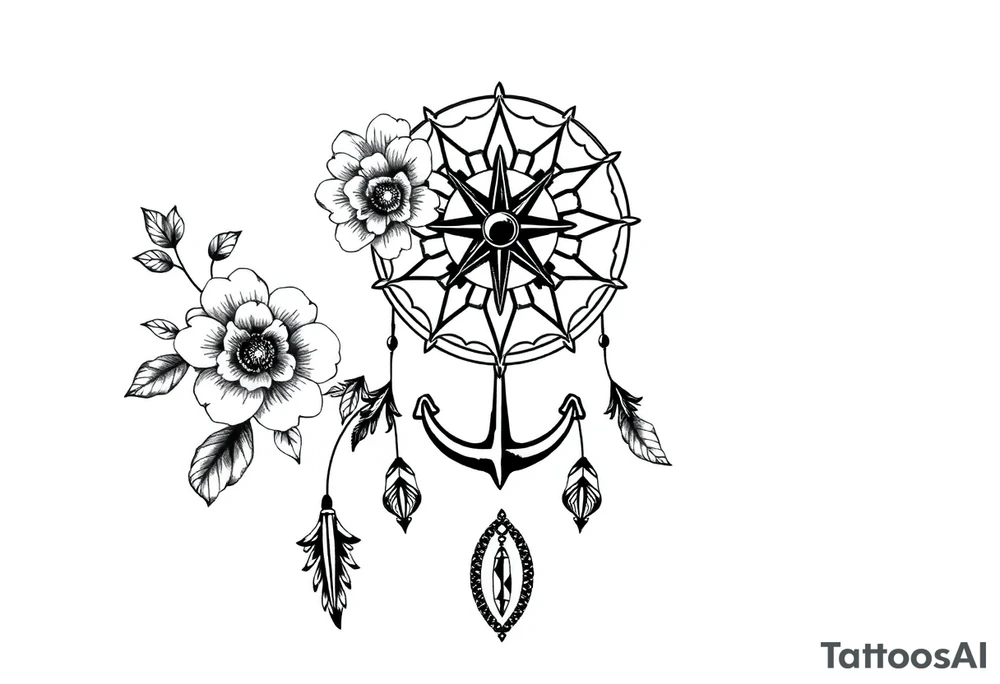 Boho dream catcher with compass and anchor Beautiful flowers and an ornamental chandelier like look tattoo idea