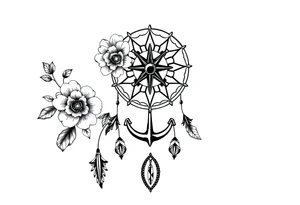 Boho dream catcher with compass and anchor Beautiful flowers and an ornamental chandelier like look tattoo idea