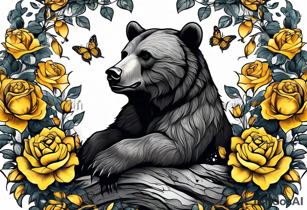 A bear sitting under the tree of life with three yellow roses, and three butterflies tattoo idea