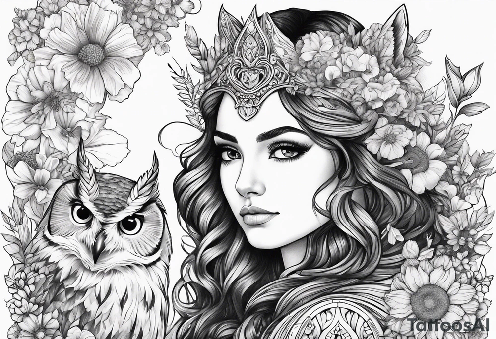 Owl and wildflowers and unicorn and warrior curly hair princess half sleeve tattoo idea