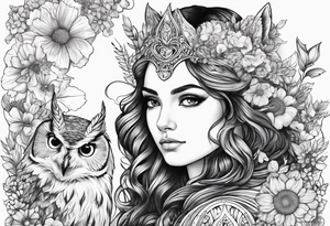 Owl and wildflowers and unicorn and warrior curly hair princess half sleeve tattoo idea