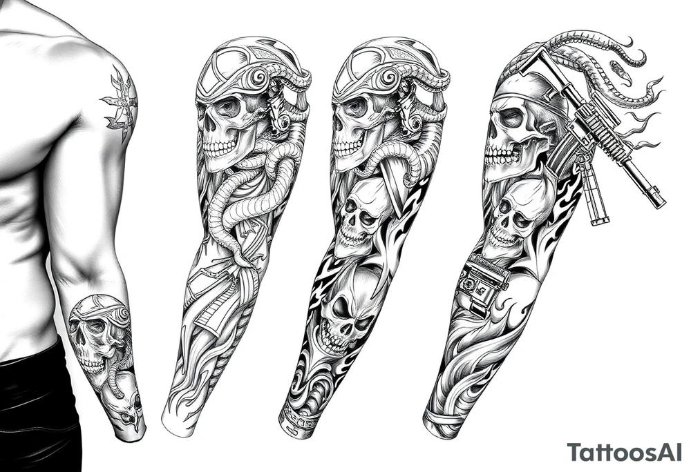 I want a full sleeve from shoulder to wrist. I want to incorporate firefighting and Marine corps. I like snakes, rifles, guns, flames and skulls tattoo idea