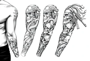 I want a full sleeve from shoulder to wrist. I want to incorporate firefighting and Marine corps. I like snakes, rifles, guns, flames and skulls tattoo idea