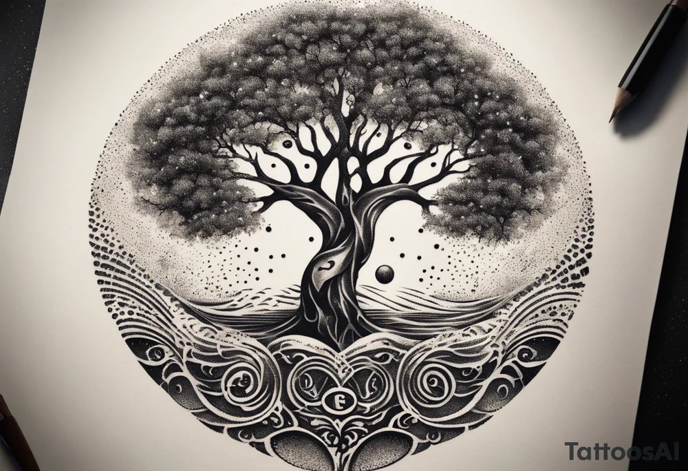 A tattoo design that incorporates the following elements: an abstract tree of life that has roots emerging  from the ground. Waves of water encapsulate the tree and wind around it in an organic way.  Incorporate music.   the letters U and A are overlapping and engraved into the tree. a golf ball incorporated but not prominent. tattoo idea