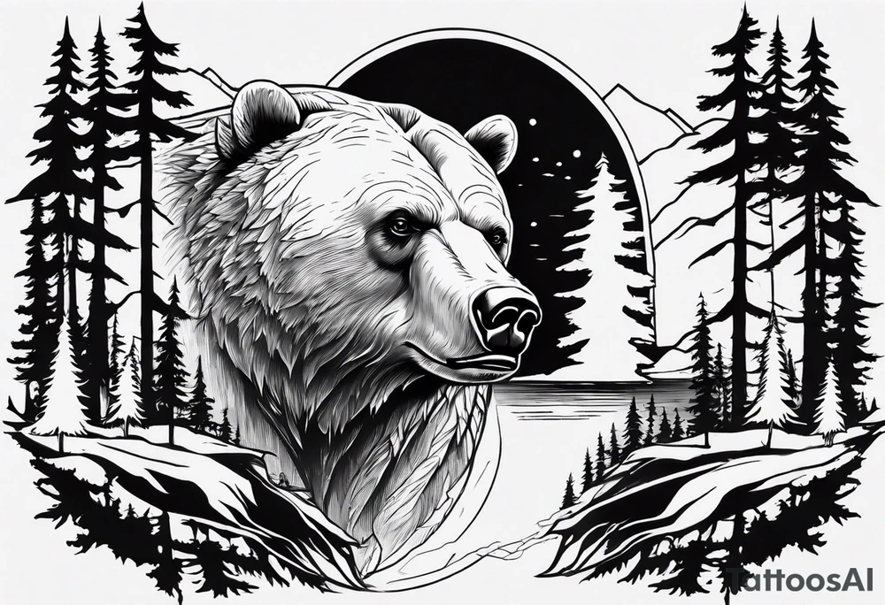 bear head right above the forest line with a lake below, full arm sleeve tattoo tattoo idea