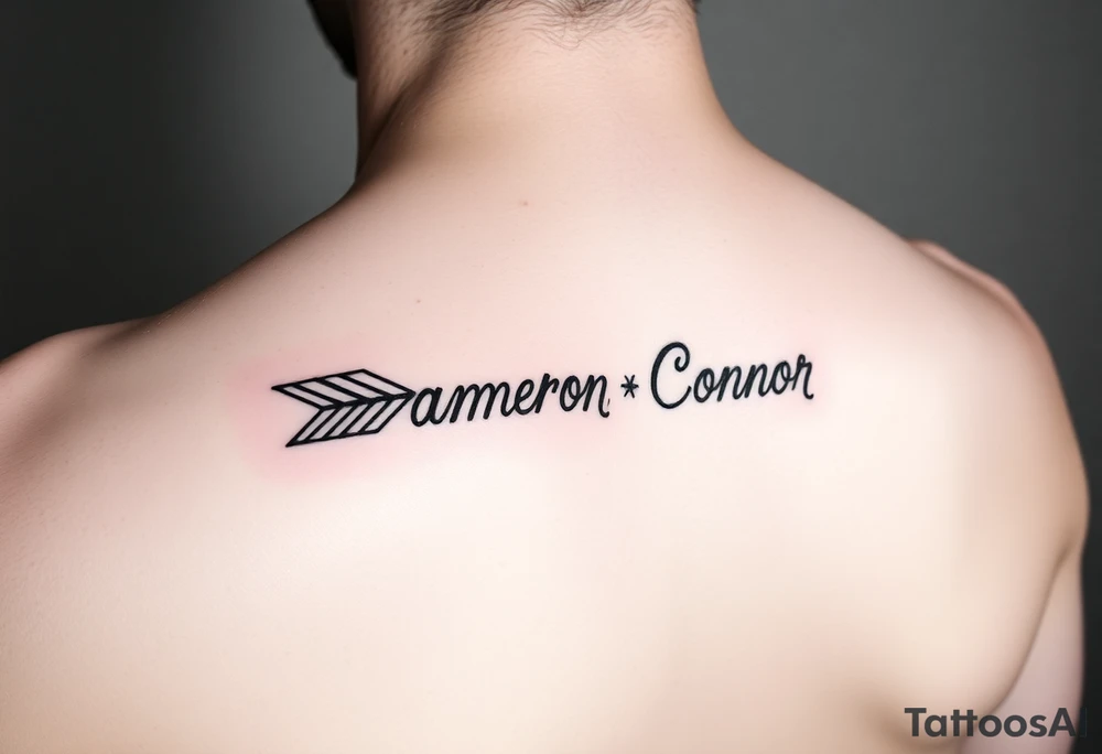 1 fancy feminine arrow that incorporates the name Cameron and another feminine arrow that incorporates the name Connor tattoo idea