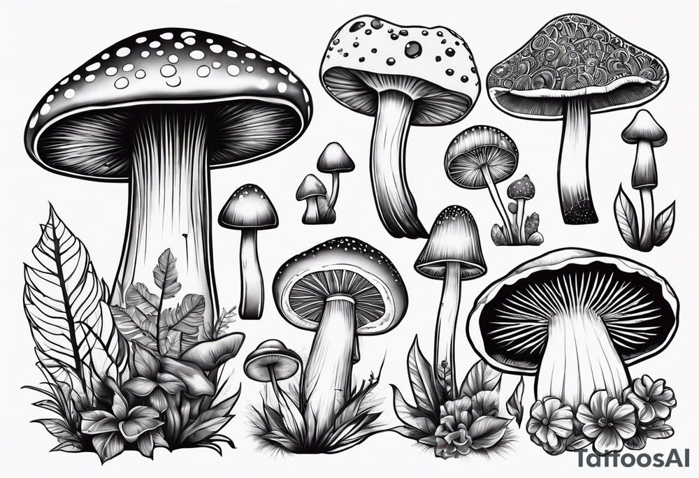 Variety of mushrooms flash sheet tattoo idea