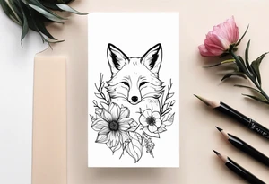 feminin minimalist flowers with little fox tattoo idea