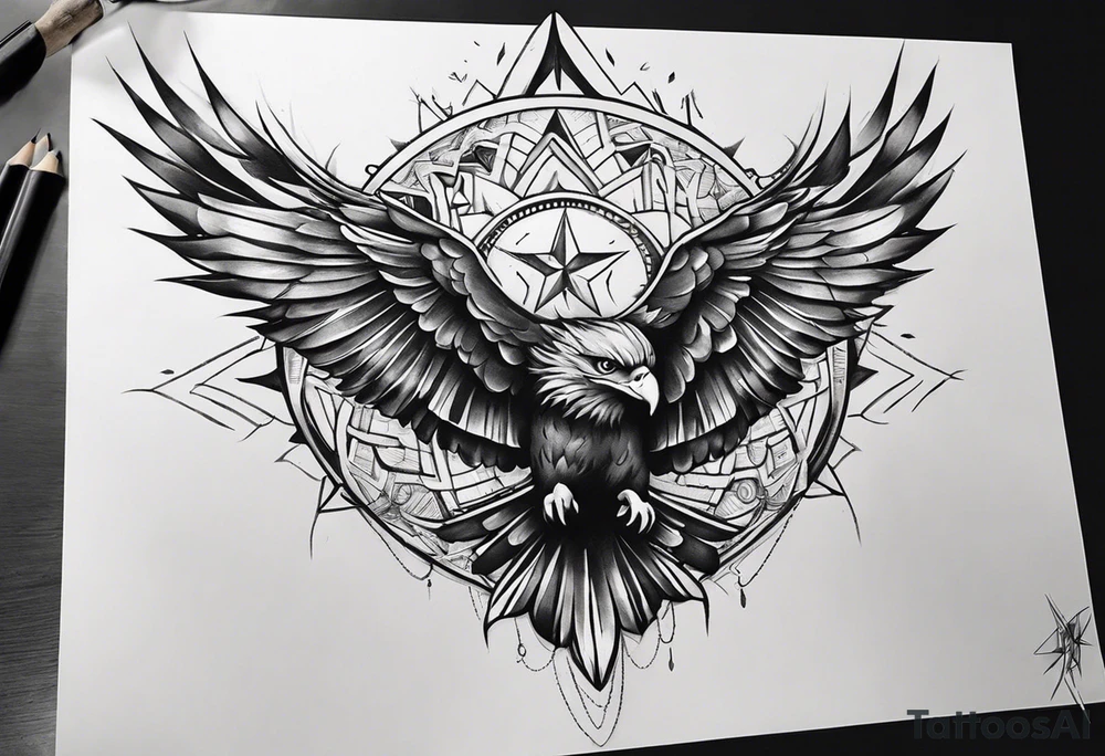 Wide tattoo that appears to be bursting out of the skin, symbolizing freedom. The tattoo should be vibrant and dynamic, with bold lines and colors that evoke a sense of liberation and empowerment. Consider incorporating elements broken chains and other symbols of freedom. The tattoo should be visually striking and thought-provoking. tattoo idea