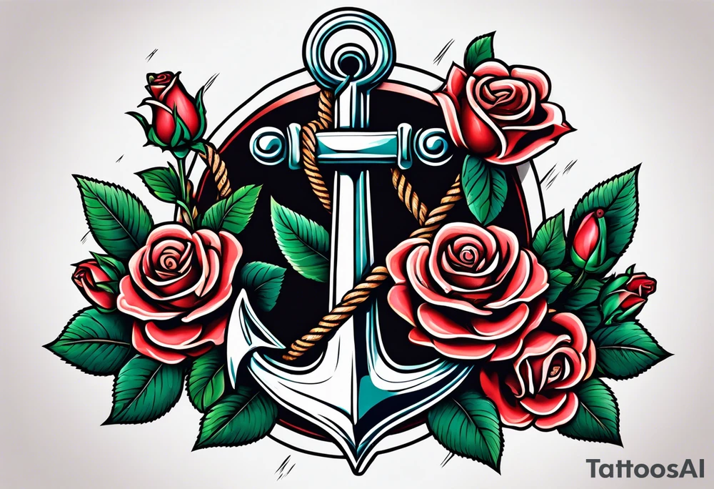 anchor with rope and roses old school simple traditional vintage tattoo idea
