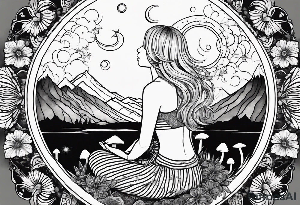 Straight blonde hair girl meditating facing away toward mountains surrounded by mushrooms crescent moon mandala circular design black and white striped dress tattoo idea