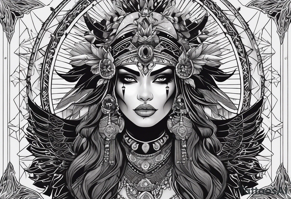 black kali, goddess pirate, alien, pachamama, valkrye, warrior, skull, lotus azul, wing, eagle, zenza resonance, stars, 5D tattoo idea