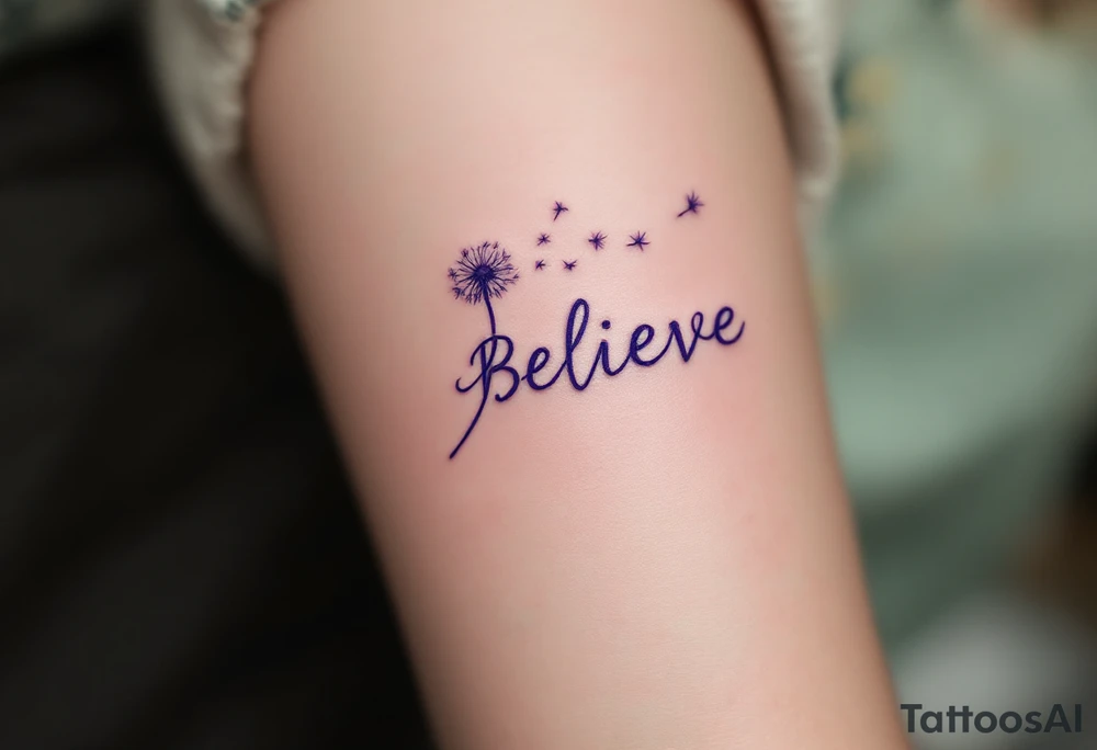 The word "Believe" in soft lavender, with a dandelion gently blowing in the wind, representing wishes and hope for the future. tattoo idea