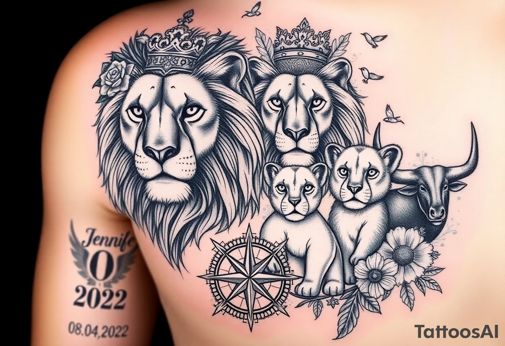 powerful majestic lion family - lionsfather with a crown, a loosnmother and a lions boy and a strong lions babygirl - surrounded by floral ornaments and birds and a compass! Include the name „Jennifer“ with the date 08.04.2022 in kursiv letters. include also a spanish osbourne bull - the tattoo idea is for the whole right arm tattoo idea