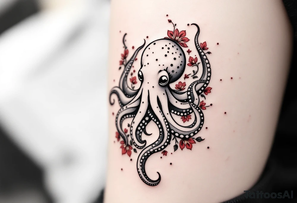 A small realistic black and grey tattoo of an octopus, cute, with detailed shading and soft linework, showing the octopus with swirling tentacles, on light skin. ornamental flowers around with red ink. The style is minimalistic and elegant, resembling fine-line tattoo with a shadow tattoo idea