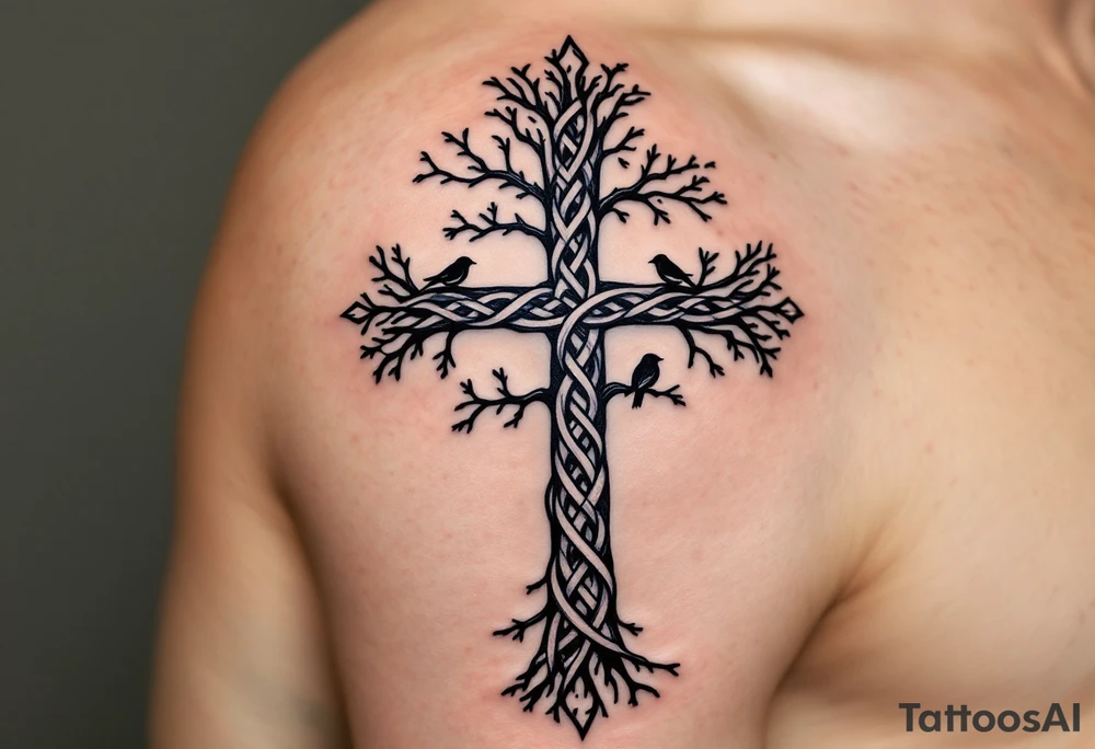 A forest-inspired Celtic cross made of intertwining tree branches, with small birds perched along its arms. tattoo idea