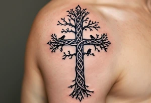 A forest-inspired Celtic cross made of intertwining tree branches, with small birds perched along its arms. tattoo idea