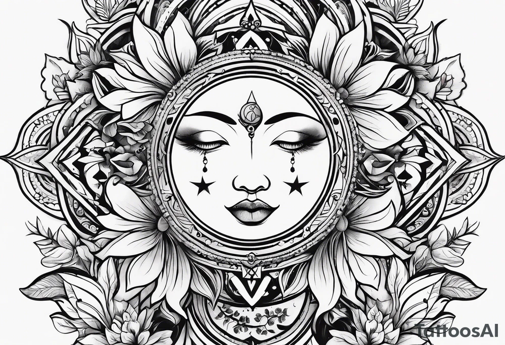 sun moon floral tattoo idea