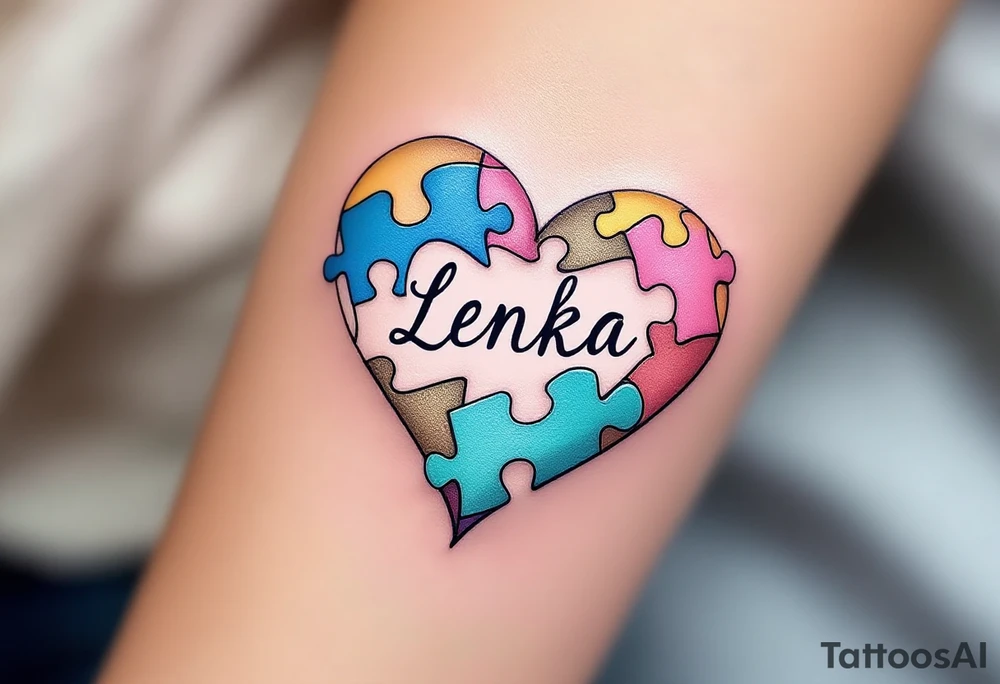 A heart made of puzzle pieces, each piece a different pastel, with name Lenka in the center. tattoo idea