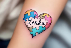 A heart made of puzzle pieces, each piece a different pastel, with name Lenka in the center. tattoo idea