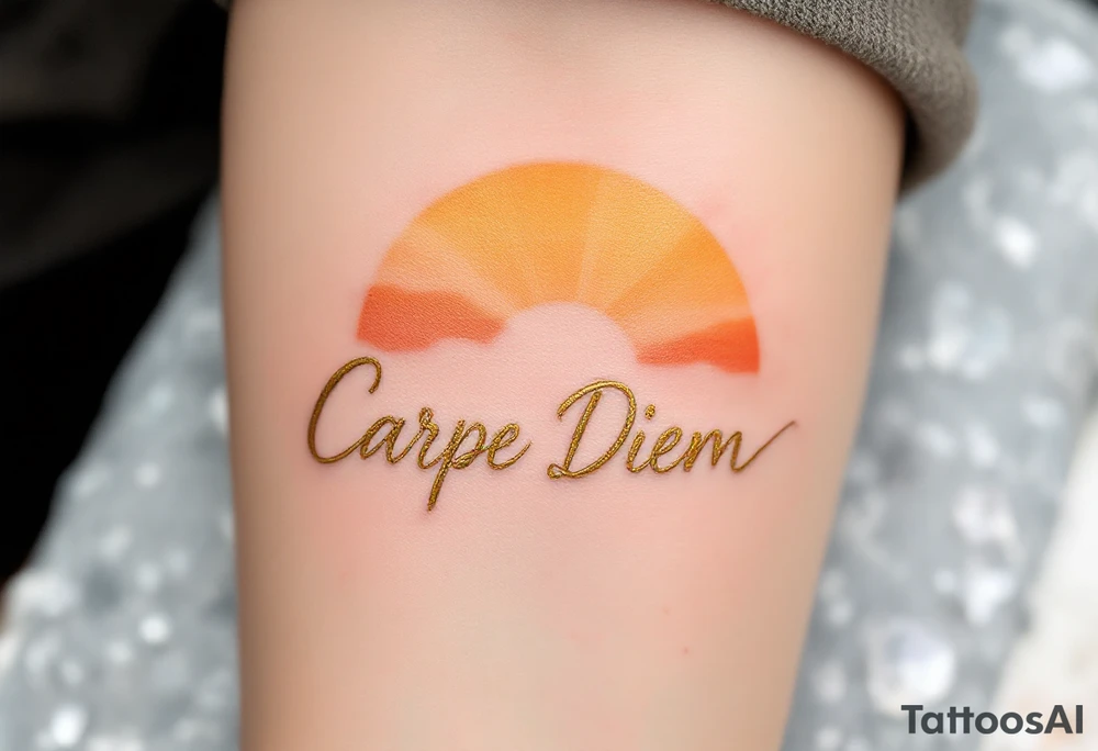 "Carpe Diem" in cursive gold ink with a sunrise gradient of soft oranges and yellows rising behind it. tattoo idea