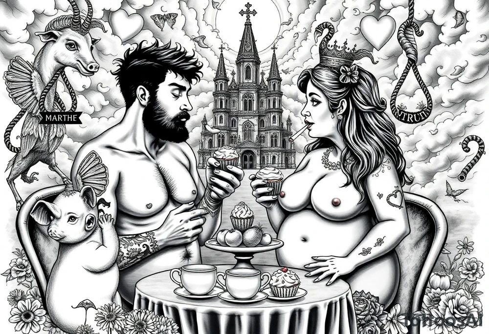 Naked Man and fat woman having sex eating cupcakes and  fruit  having sexy naked fat lady having a tea party with tea pots  swith fancy castle  
with mystical  a pigs, peacock,  lion, goat, noose and smoking cigerettes looking in the mirror thru storm clouds and broken hearts and darkness and wrath, envy , gluttony, greed, sloth, pride . Gothic tattoo idea