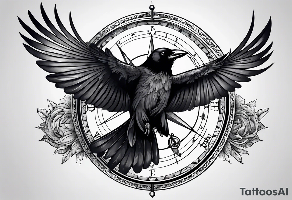 flying crow with compass tattoo idea