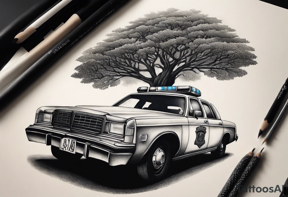 tree growing through police car tattoo idea