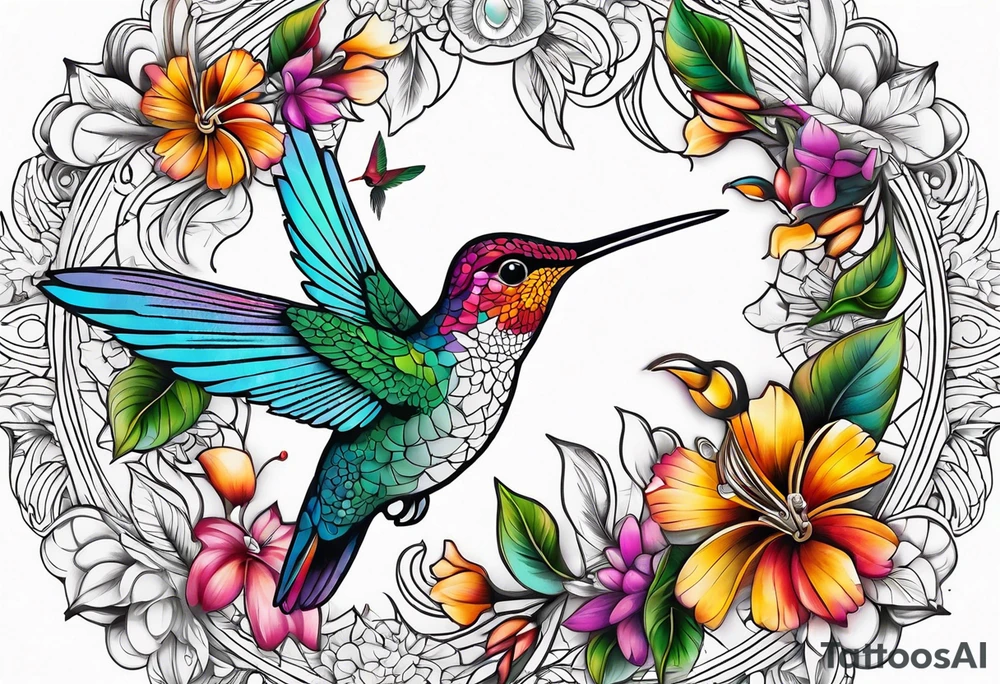 Mandala with colorful hummingbird 3d tattoo idea