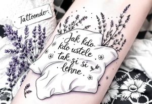 "Jak si kdo ustele, tak si lehne." — A cozy bed drawn in fine black linework, surrounded by delicate lavender accents and the quote on a pillow tag. tattoo idea