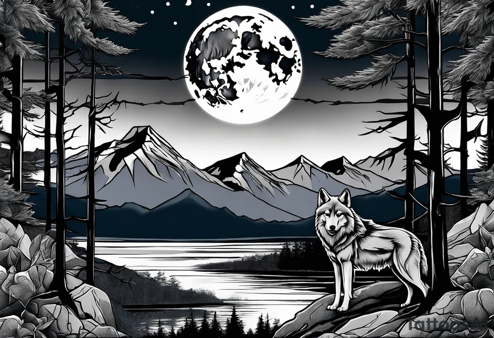Half sleeve
Two wolves
Dark woods
Mountain peaks
Moon tattoo idea