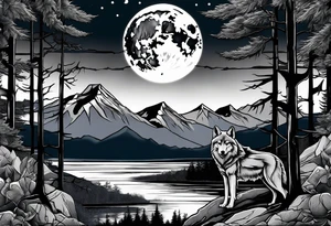 Half sleeve
Two wolves
Dark woods
Mountain peaks
Moon tattoo idea