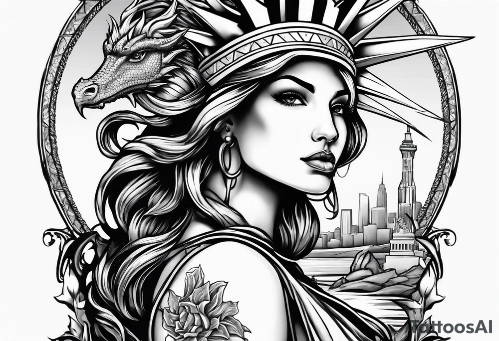 Hot girl as Statue of Liberty with dragon protecting her tattoo idea