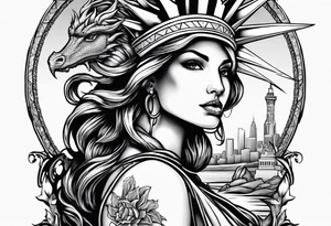Hot girl as Statue of Liberty with dragon protecting her tattoo idea