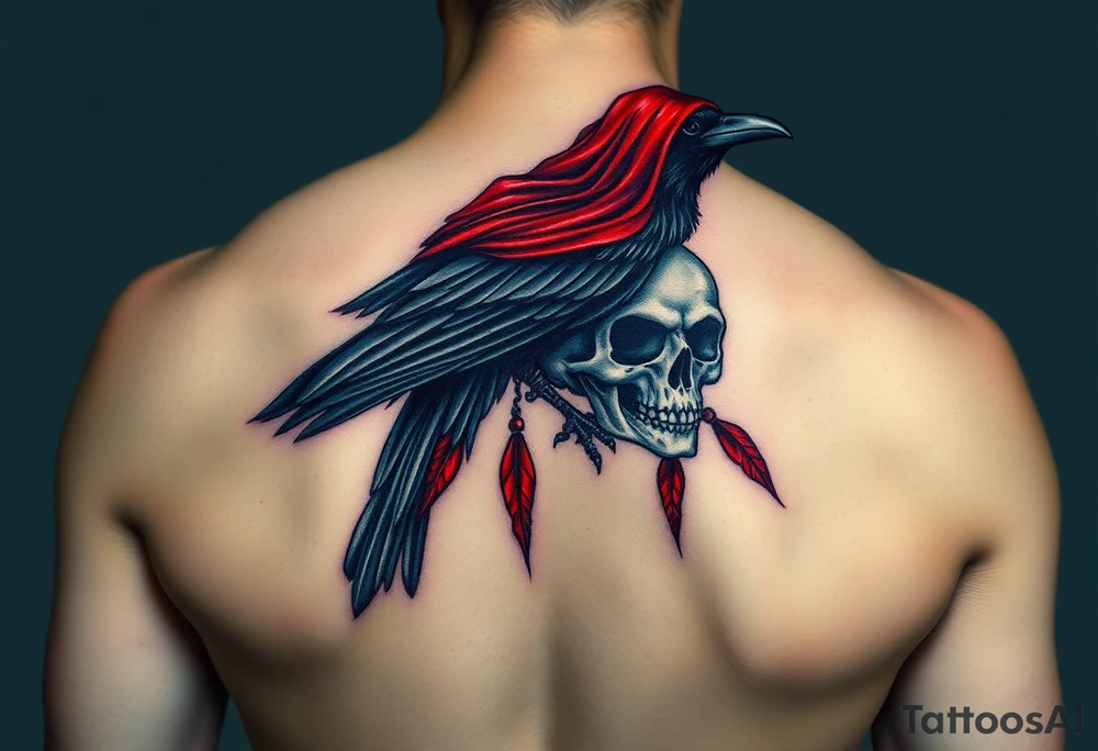 A gothic raven perched on a skull, with a veil of blood-red feathers, representing love even through darkness and loss tattoo idea