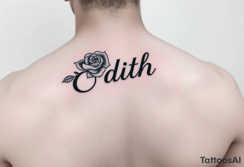 Edith tattoo with a cursive e with a rose half-sleeve tattoo idea