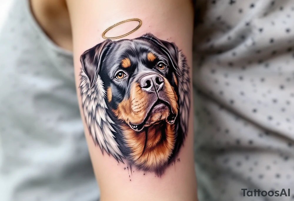 Rottweiler with Angel Wings – A memorial-style design with a realistic Rottweiler head and soft white angel wings, possibly with a halo. Muted full color or black and grey. tattoo idea