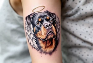 Rottweiler with Angel Wings – A memorial-style design with a realistic Rottweiler head and soft white angel wings, possibly with a halo. Muted full color or black and grey. tattoo idea