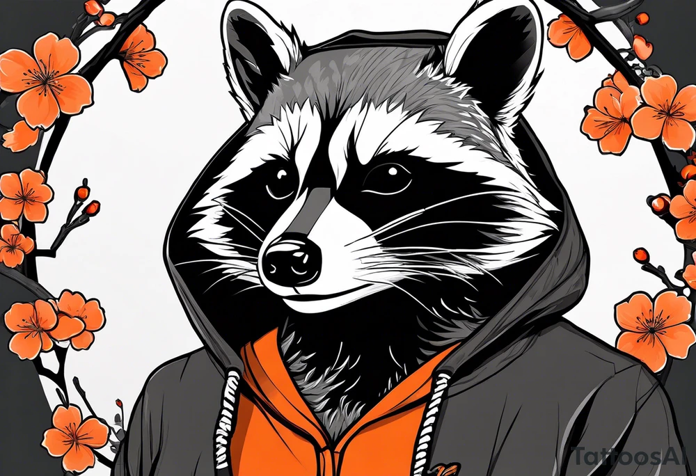 Raccoon wearing a white Superman logo on a black hoodie and orange Japanese cherry blossoms tattoo idea
