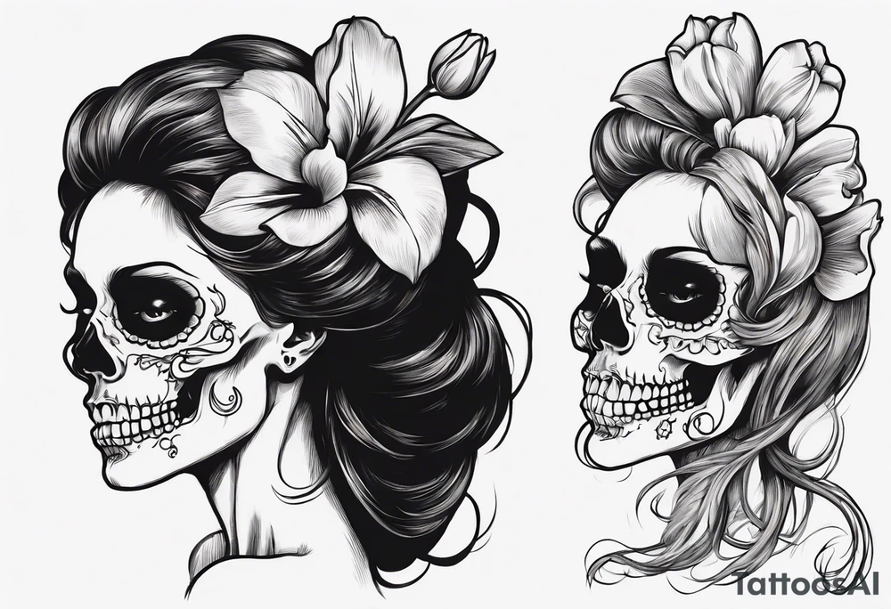 sideview of female skull with long open hair and tulip tuft in mouth and catrina painting, friendly mood tattoo idea