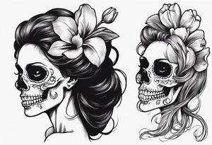 sideview of female skull with long open hair and tulip tuft in mouth and catrina painting, friendly mood tattoo idea