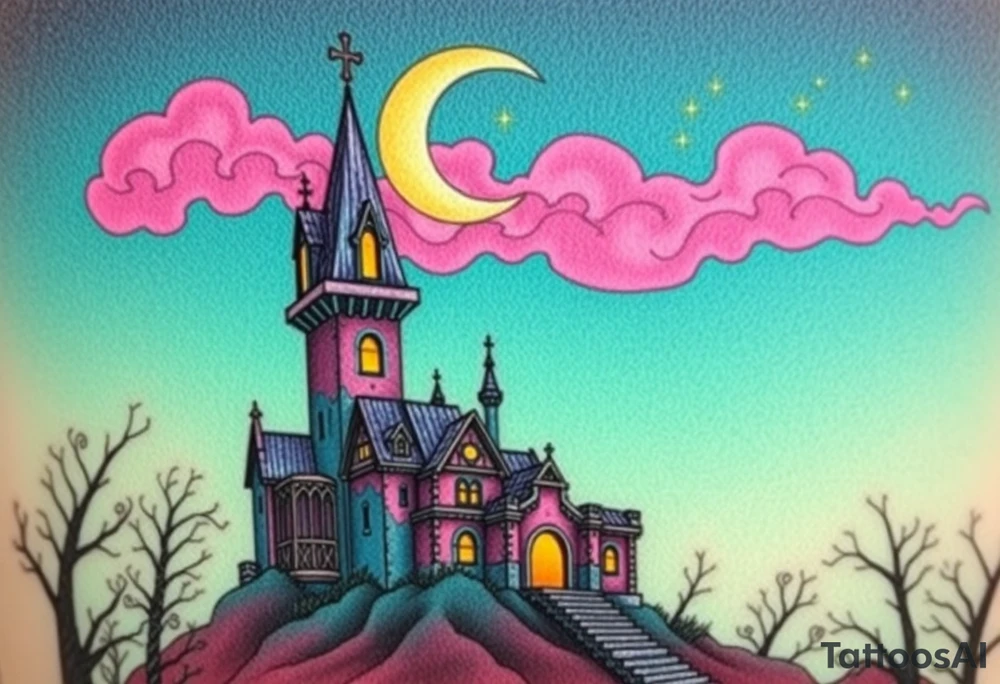 Tim Burton’s disney sleeping beauty’s haunted castle is abandoned and dripping with muted reds, dusty pinks, and eerie green glow.purple and cyan smokey clouds swirl in the crescent moonlit sky thats sprinkled with stars tattoo idea tattoo idea