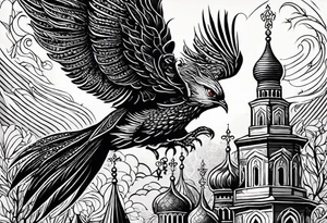 russian firebird in-flight with long fancy tail and 3 small onion cap monastery towers in background, with "Isaiah 43: 18-19" tattoo idea