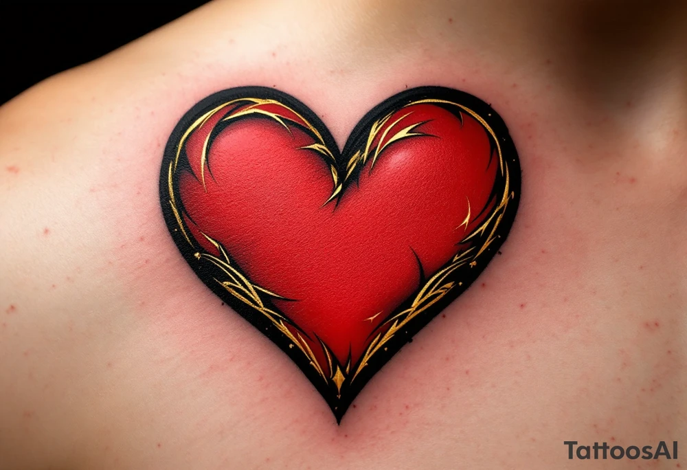 A bold red heart tattoo with the couple’s names inside, shaded with black and outlined in gold, symbolizing passionate love. tattoo idea