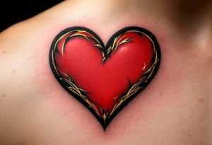 A bold red heart tattoo with the couple’s names inside, shaded with black and outlined in gold, symbolizing passionate love. tattoo idea