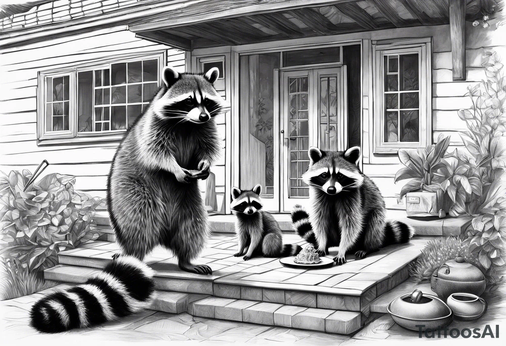 Raccoon Family in Front of her New villa with Pool.
The Husband hast Tools in His Hands.
The wife holds a cake.
The Childs plays with a ball tattoo idea